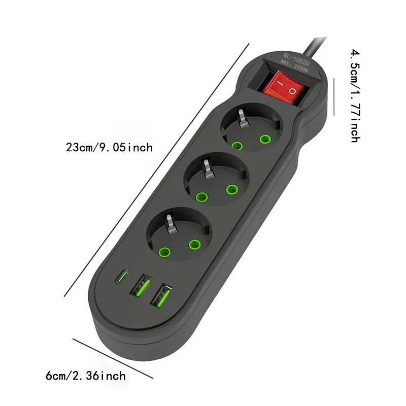 EU Plug Power Strip 2/3/4/5 Outlet Multitap Extension 10A with 2 USB 1 Type-C Ports 2m Cord Electrical Socket 2500W Fast Charge by MVEnergo