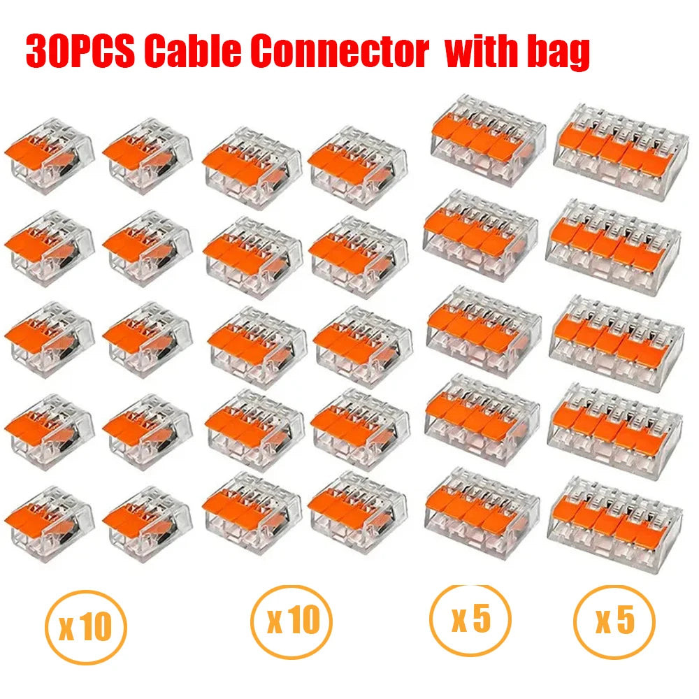 30PCS Lever Wire Connectors Kit 2/3/4/5 Port Electrical Quick Connect Push-in Compact Splicing Electrical Connectors for Wiring