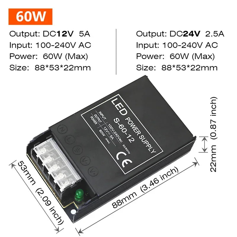 Constant Voltage Power Supply 48W 60W 100W 150W 200W 300W 400W Thin Driver For LED Strips DC 12V / 24V Lighting Transformers