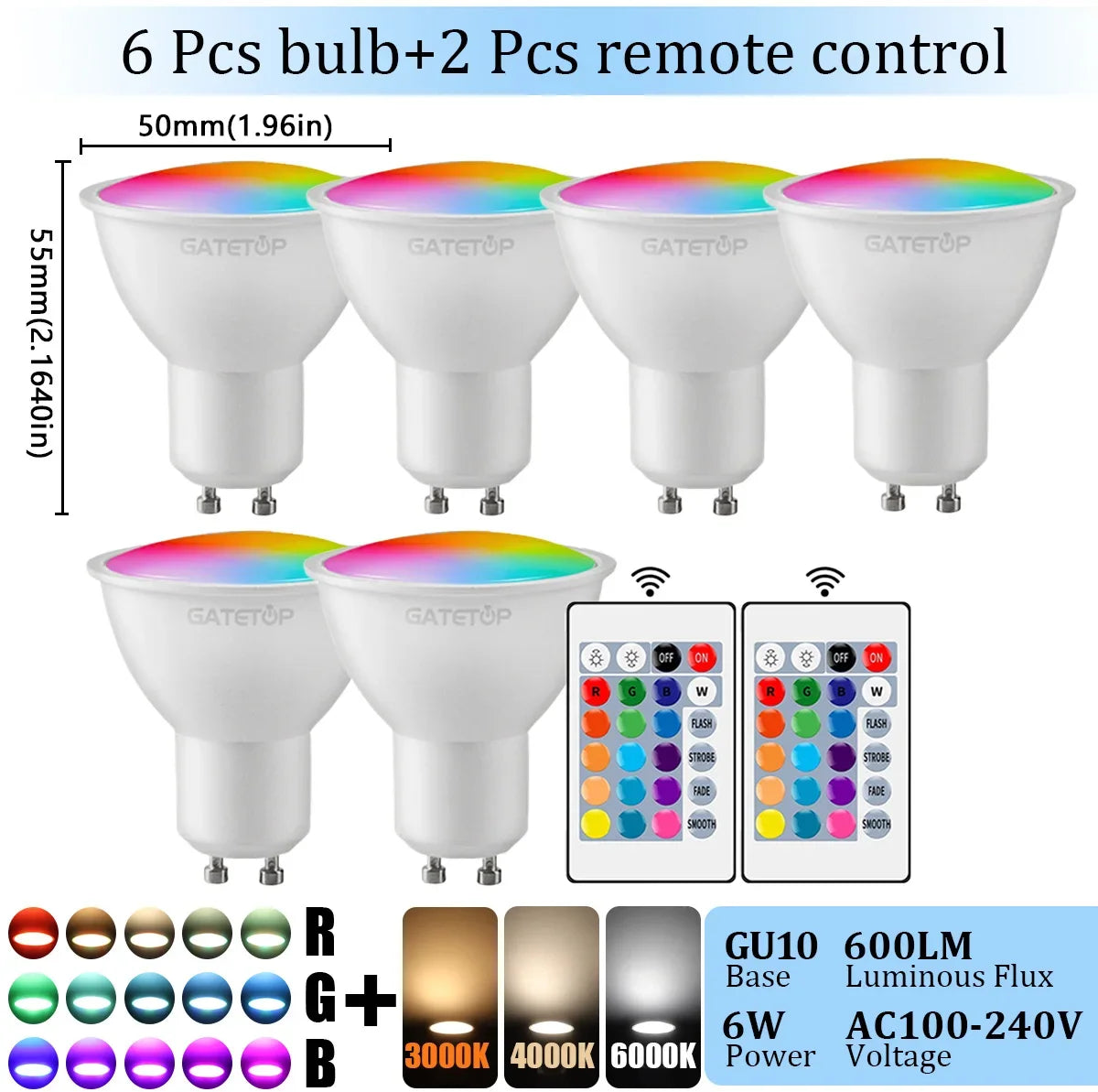 1-10PCS RGB GU10 LED Spotlight Bulb 24 Key Remote Control Dimmable 6W AC220V 110V Colorful Change for Bedroom Living Room Lamp