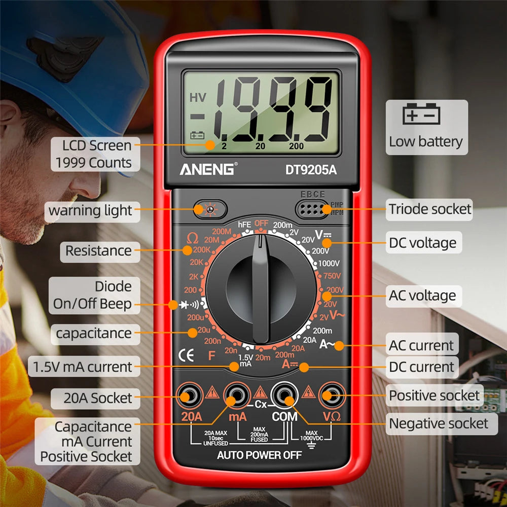ANENG DT9205A Digital Professional Multimeter AC/DC Voltage Current Tester Capacitance NCV Resistance Ohm Electrical Test Meter by MVEnergo