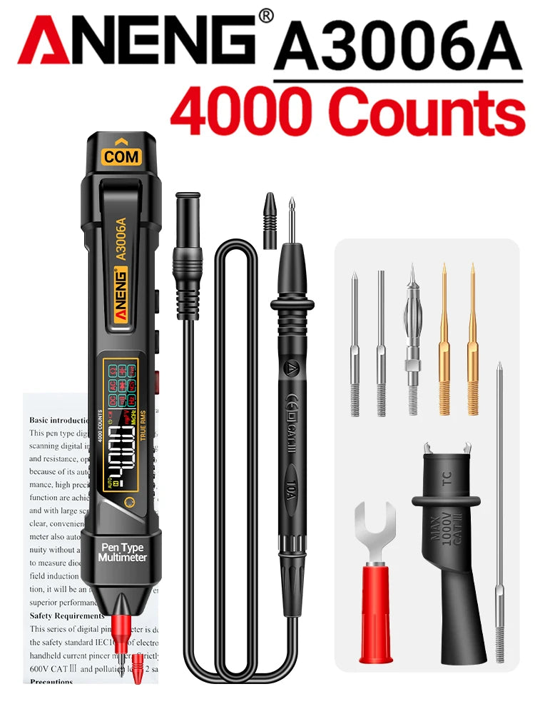 Smart Pen Multimeter NCV Voltage Tester 4000 Count ANENG A3006A Automotive Repair 600V AC/DC Electrician DIY Auto-Detection Tool by MVEnergo