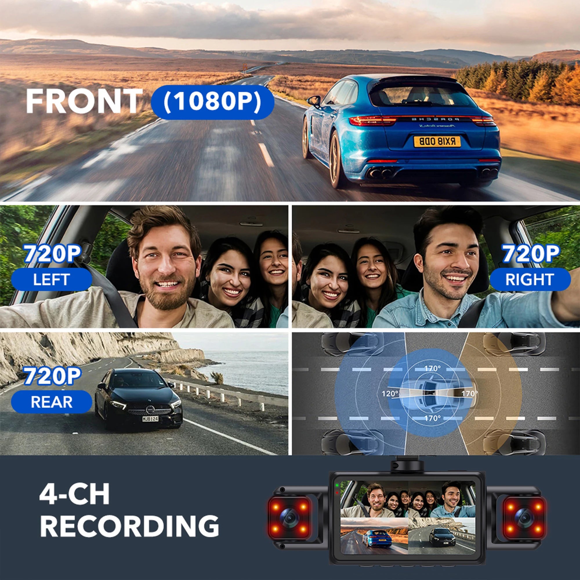 4Ch WiFi Dashcam car camera Black Box Driving DVR FHD 1080P Front Left Right Rear Night Vision Loop Recording Hardwire kit by MVEnergo