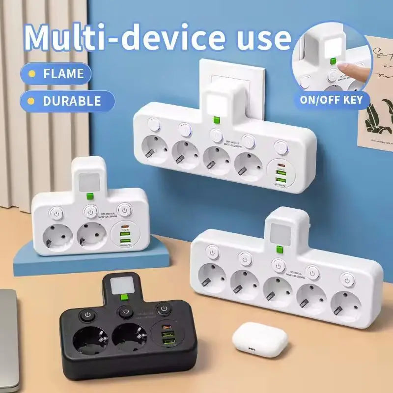 EU plug and socket 4 sockets, multi plug wall power plug and socket without extension cable or USB and Type-C port by MVEnergo