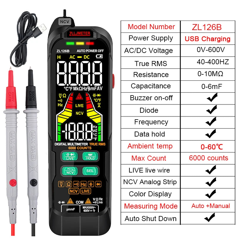 USB Charge Smart Multimetro Digital Profesional AC DC Current Voltage Detector Pen Capacitance Temp Auto Range Tester Multimeter by MVEnergo