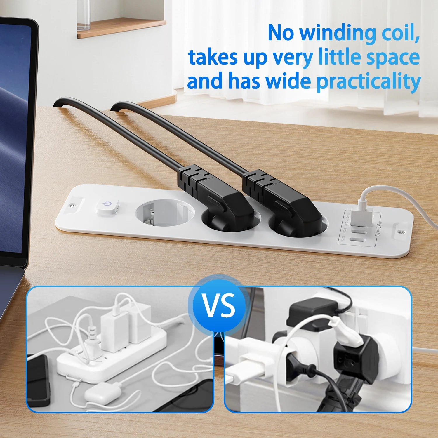 EU Built in Power Strip Desktop Recessed Socket with 2 USB 2 Type C Fast charge, Multi-Contact Outlet with 2M Extension Cable by MVEnergo