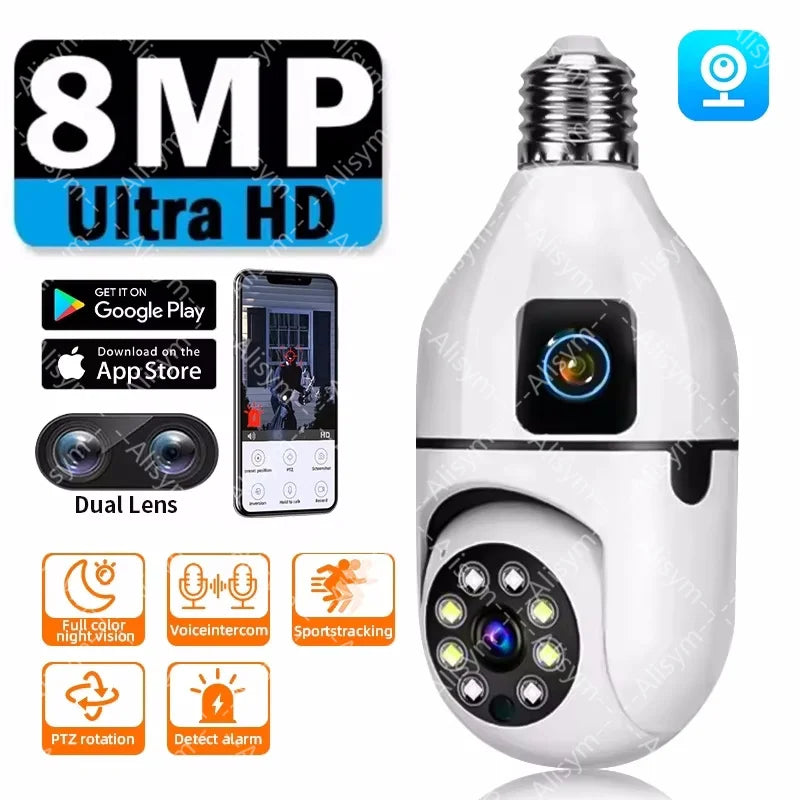 8MP E27 Bulb WIFI Camera 8X Zoom Dual Lens Indoor Surveillance Human Tracking Wireless Two-way Audio Cameras Color Night Vision by MVEnergo