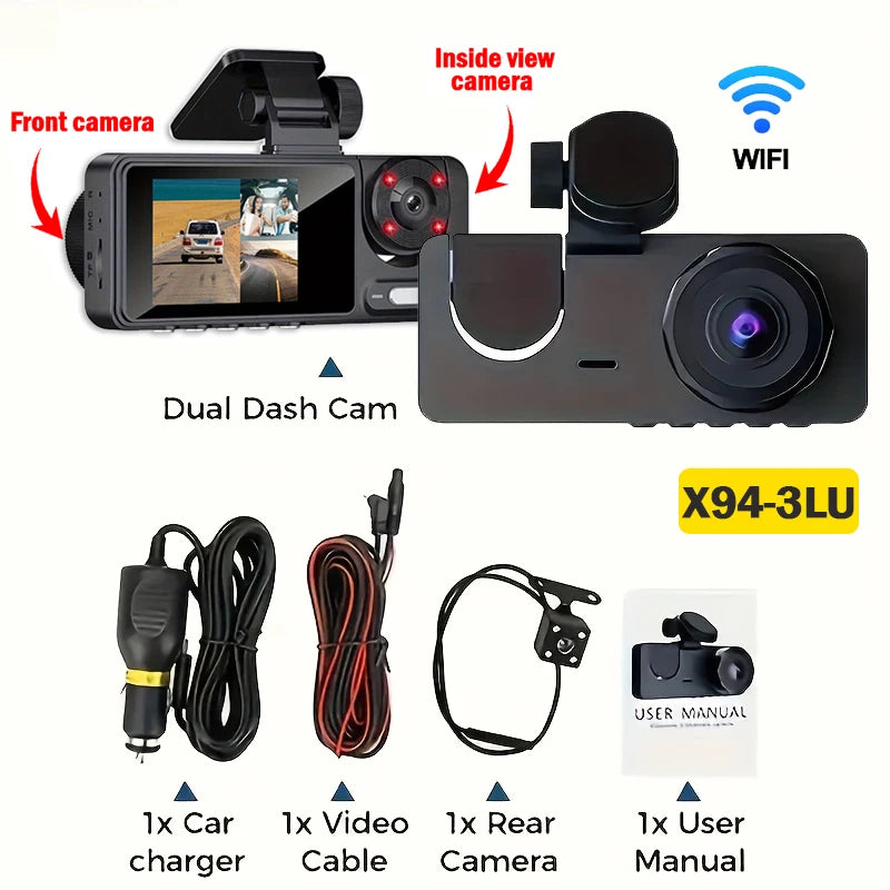 Triple Lens WiFi Dashcam 2/3 Channel Car Camera 1080P HD Video Recorder, Night Vision Car DVR with Wide Angle for Front and Rea by MVEnergo