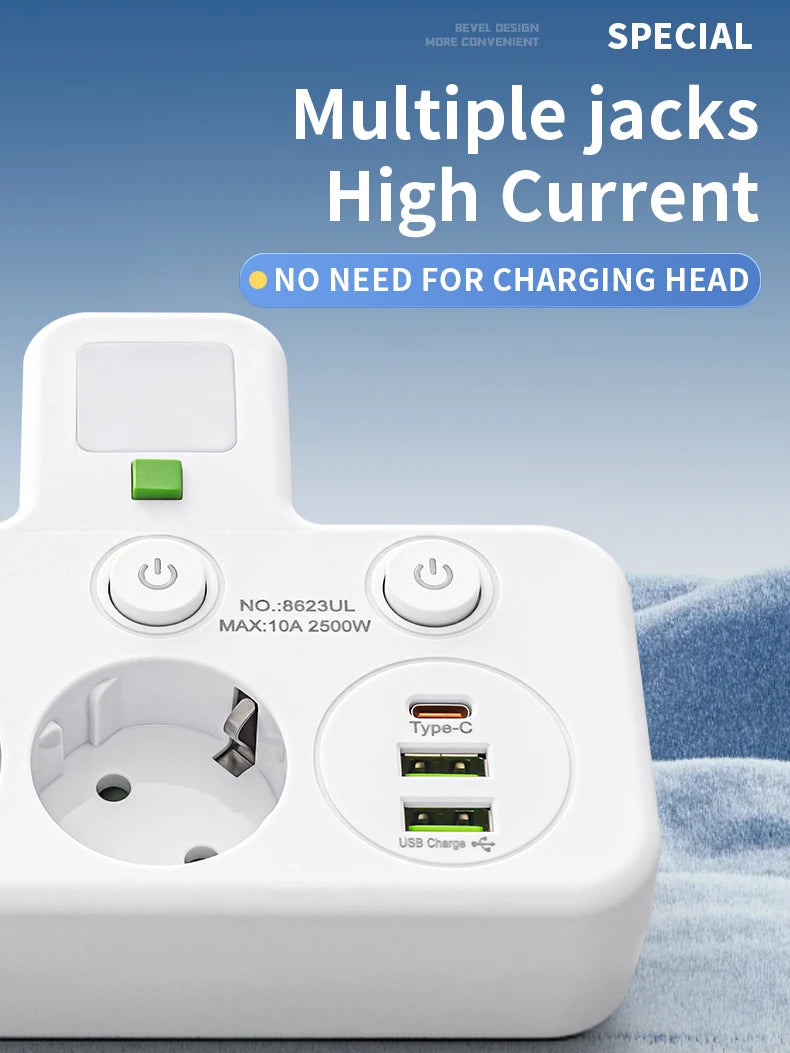 EU plug and socket 4 sockets, multi plug wall power plug and socket without extension cable or USB and Type-C port by MVEnergo