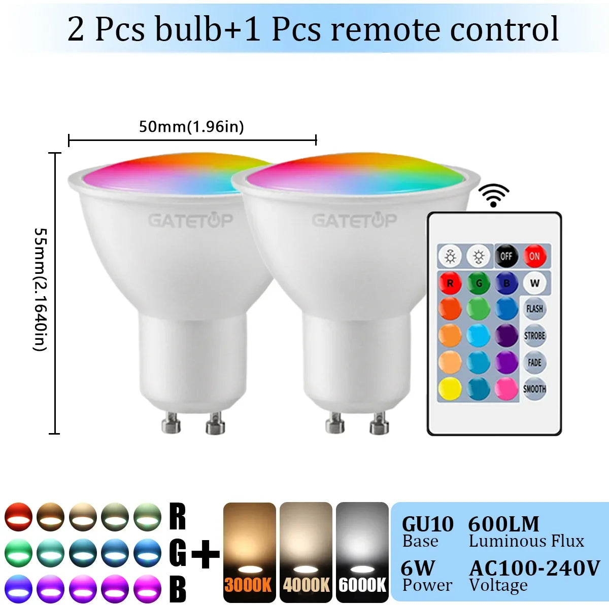 1-10PCS RGB GU10 LED Spotlight Bulb 24 Key Remote Control Dimmable 6W AC220V 110V Colorful Change for Bedroom Living Room Lamp