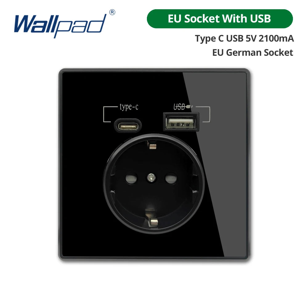 Type-C A Interface Outlet Acrylic Mirror Crystal Panel Black Wall EU Russia Spain French Socket With USB Charge 5V 2100mA Holder