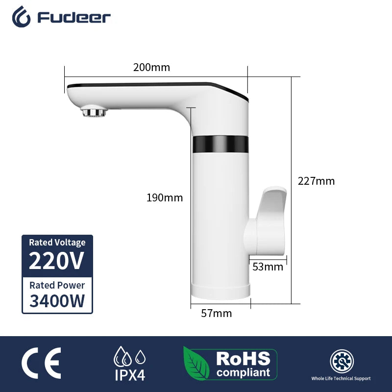Fudeer 3400W 220V Electric Kitchen Water Heater Tap Instant Hot Stainless Steel Water Faucet Heater Cold Heating Faucet by MVEnergo