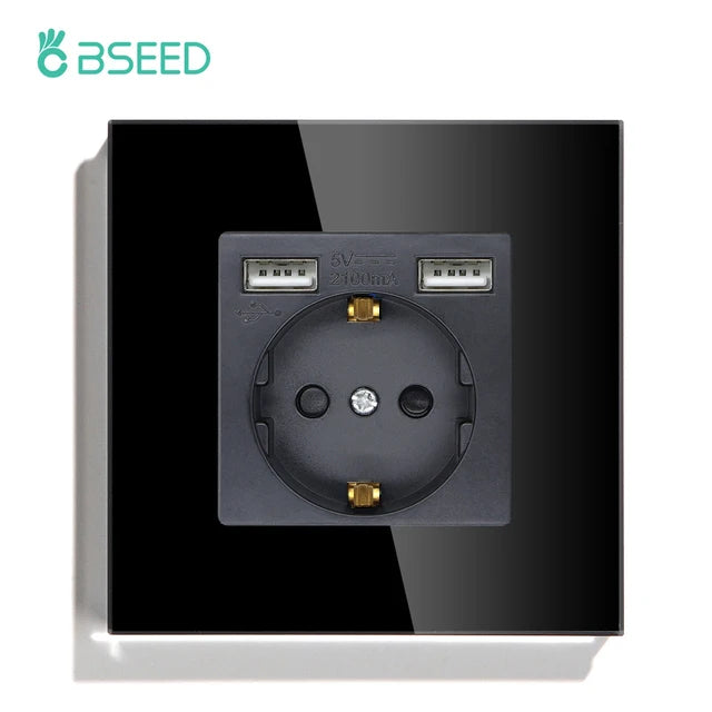 BSEED Single EU Glass Socket With USB Wall Sockets Double Electric Sockets Triple Power Outlets USB Type-C Ports Black 16A by MVEnergo