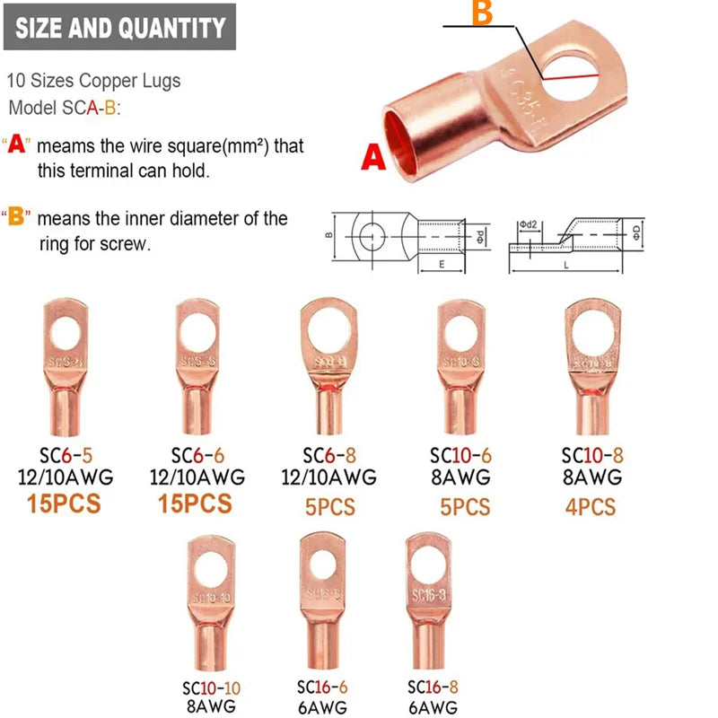 100pcs Copper Terminal Connectors, AWG 4 6 8 10 12 Ring Lug Kit With Shrink Tubing 50 Battery Cable Lugs, With 50 Shrink Tubing