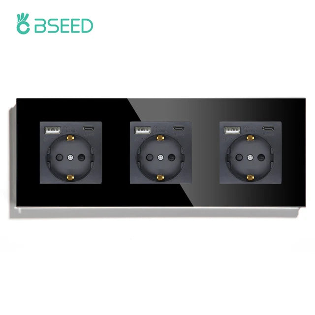 BSEED Single EU Glass Socket With USB Wall Sockets Double Electric Sockets Triple Power Outlets USB Type-C Ports Black 16A by MVEnergo