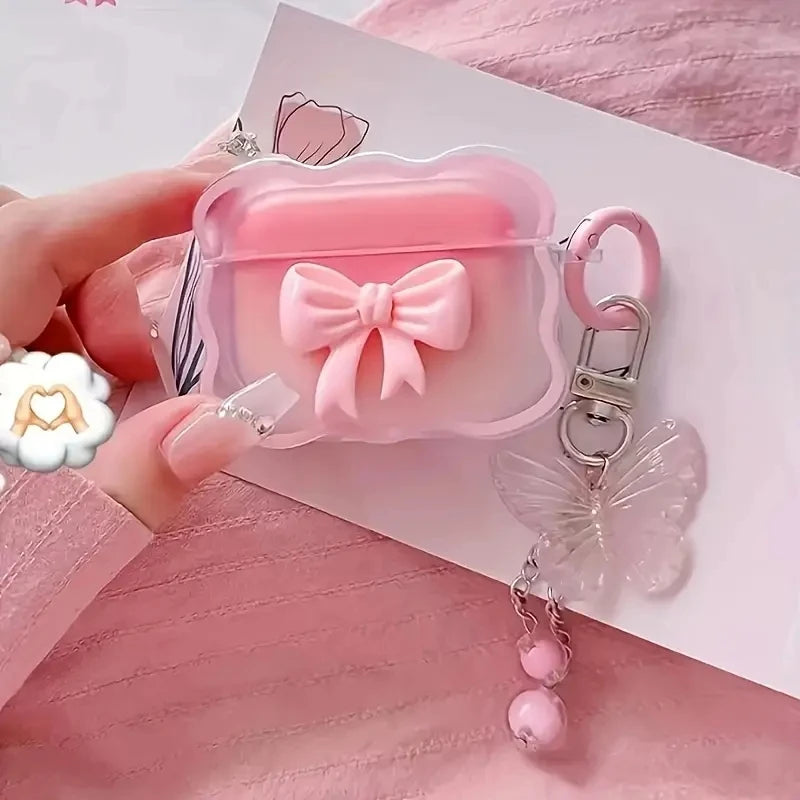INS wave Bow Transparent Case Stars Wave Gradient Pink Bow Headphone Cover Airpods 4 pro2 Protective Bag Earphone Case by MVEnergo