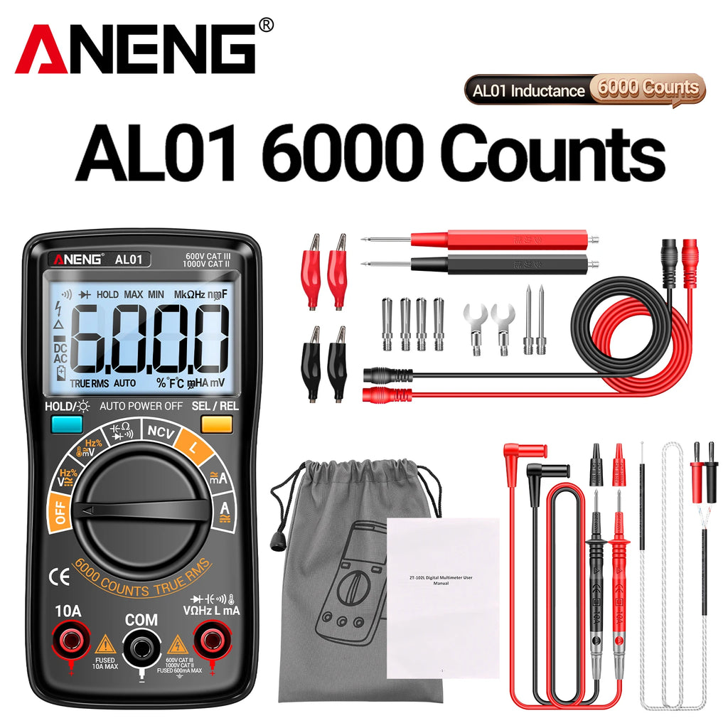 Coil Inductance Multimeter Duty Cycle Hz Tester ANENG AL01 6000 Counts NCV Temperature Meter True-RMS Voltage Pro Tester Tools by MVEnergo