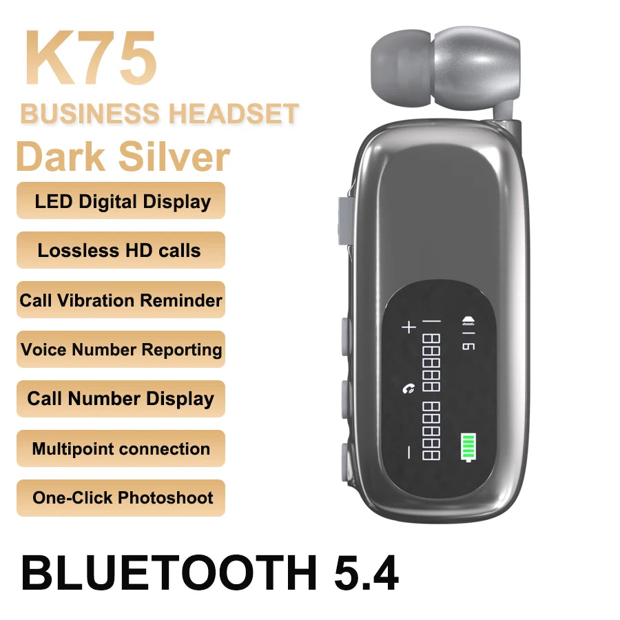 K75 Lavalier Business Headset Bluetooth 5.4 Bass Earphone HD Call Vibration Reminder+Voice Number Reporting Wireless Headphone by MVEnergo