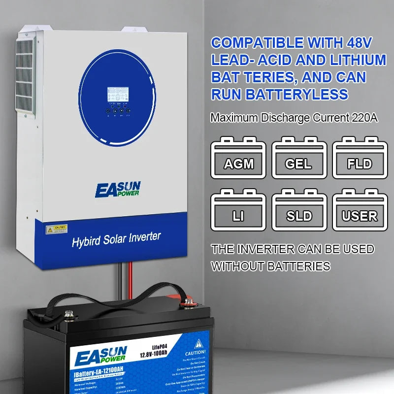 EASUN Soalr Inverter 11KW 6.2KW MPPT 160A 120A 500VDC PV Input 220VAC 48VDC 11000W 6200W Pure Sine Wave hybrid With WiFI BMS