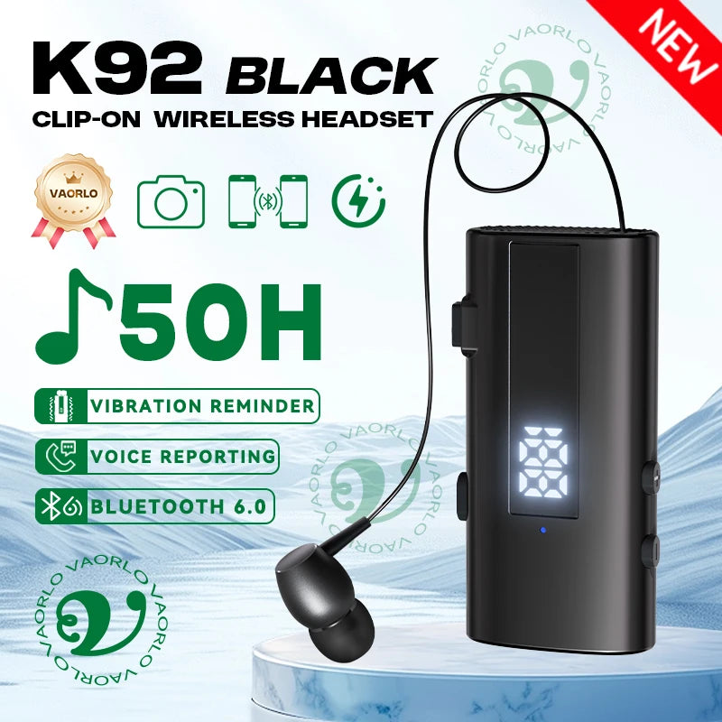 K92 Bluetooth 6.0 Lavalier Business Headset Call 30h/Music 50h Vibration Reminder LED Digital Display With Mic Wireless Earphone by MVEnergo