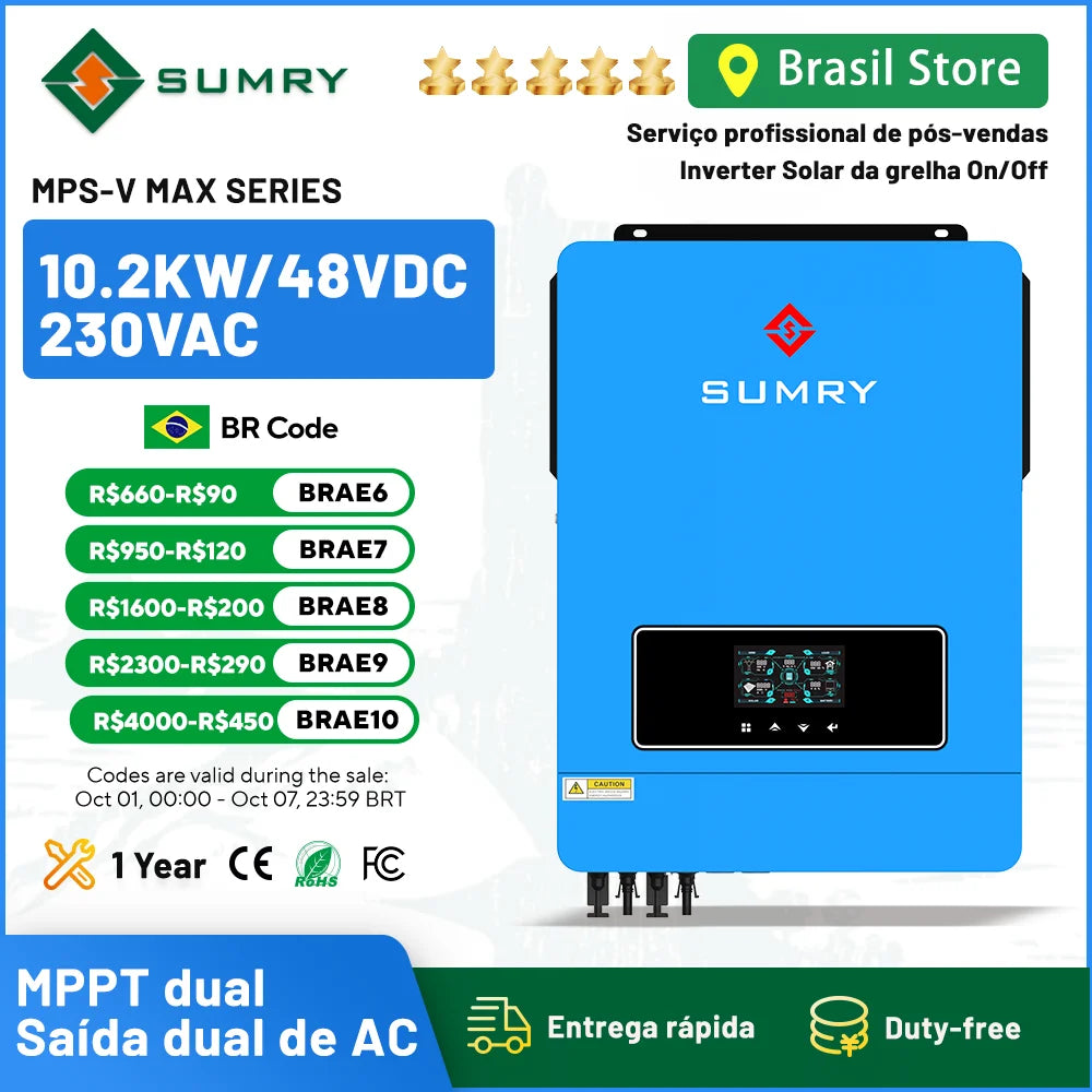 SUMRY on/Off Grid Solar Inverter 10.2kw 48VDC To 220VAC MPPT Solar Power AC Hybrid Inverter Generator Dual Output