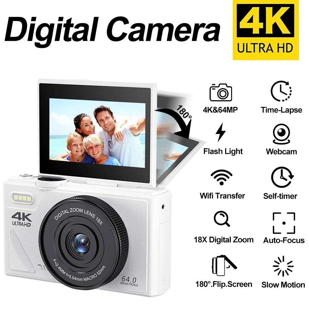64MP Digital Photography Camera 3.0" Flip Screen WIFI 18X Digital Zoom 4K Vintage Vlog Video Recorder YouTube Webcam Cameras by MVEnergo