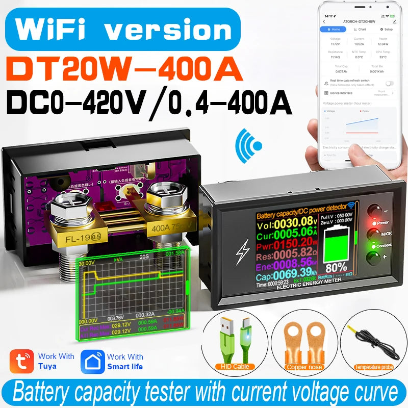DT20W 0-420V Tuya WiFi Smart Lithium Battery Capacity Detection Tester DC digital Display Current Voltage Coulomb Power Meter