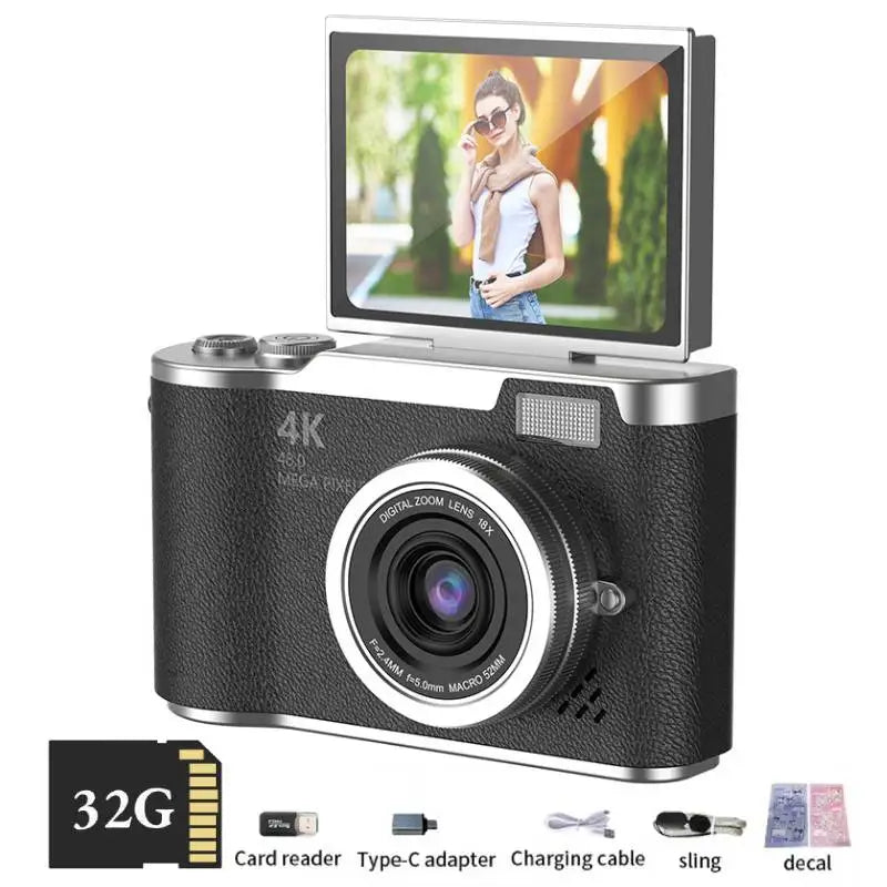 4K Digital Camera CCD 180° Flip Screen Selfie Camera 8X Digital Zoom 48MP Portable Digital Photography Camera with 32G Card by MVEnergo