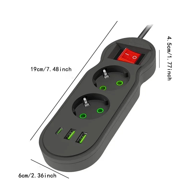EU Plug Power Strip 2/3/4/5 Outlet Multitap Extension 10A with 2 USB 1 Type-C Ports 2m Cord Electrical Socket 2500W Fast Charge by MVEnergo
