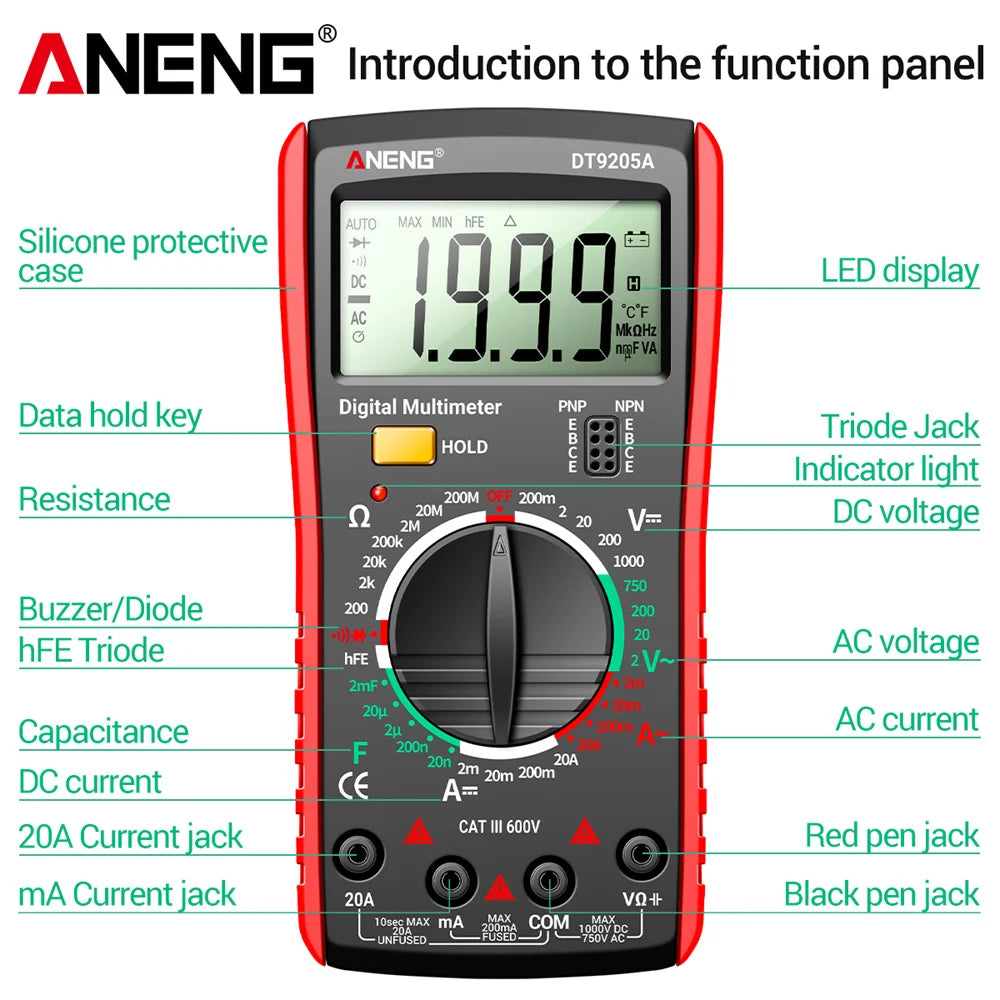 ANENG DT9205A Multimeter 1999 Counts Digital True RMS Professional AC/DC Current Tester hFE Ohm Capacitor Voltage Meter Detector by MVEnergo
