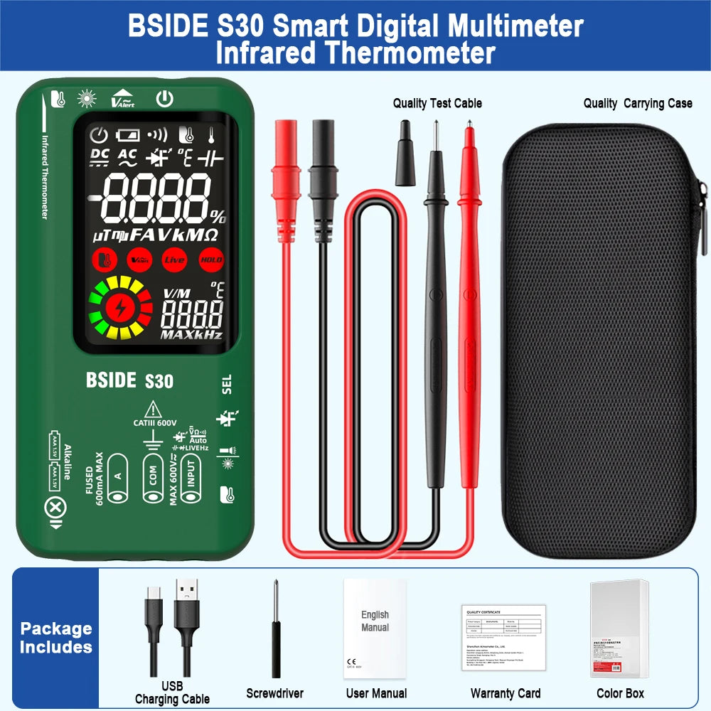 BSIDE Digital Multimeter Smart Multitister 9999 T-RMS DC AC Voltage Current 15V Diode Capacitor Ohm NCV USB Rechargeable Tester by MVEnergo