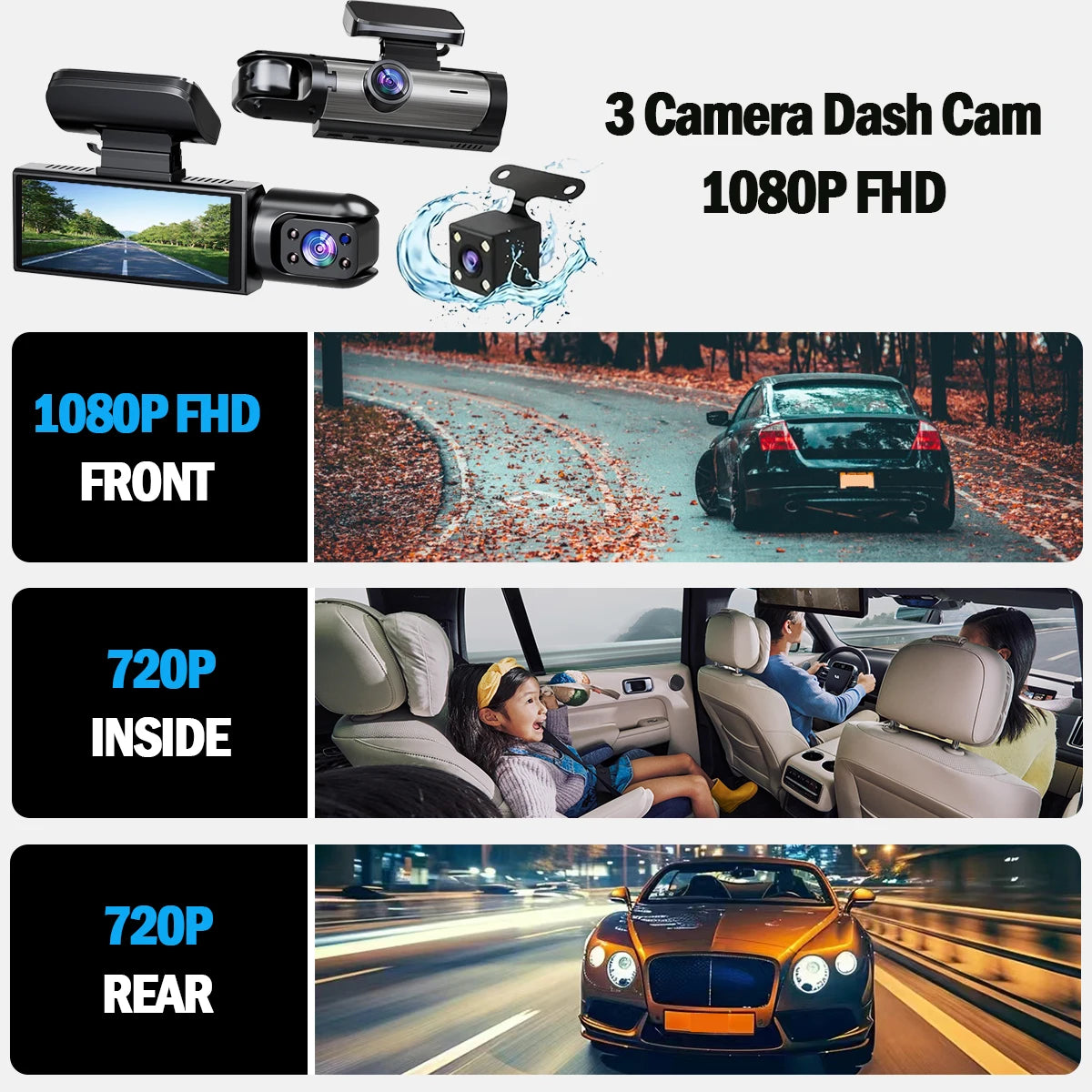 Dash Cam Car DVR 1080P Dashcam for car surveillance camera Automobiles 3 Lens Front Rear Interior Vehicle Video Drive Recorder by MVEnergo