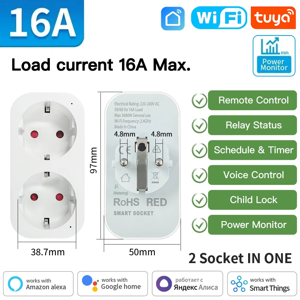 TNCE Tuya 16A/20A WiFi/Zigbee3.0 Smart Socket EU Smart Plug With Power Monitoring Timing Function Work With Alexa