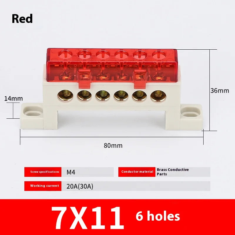 Zero wire terminal 3/4/5/6/7/10-Hole Distribution Box Terminal Block dustproof Ground Copper Bar Bridge type Busbar With cover