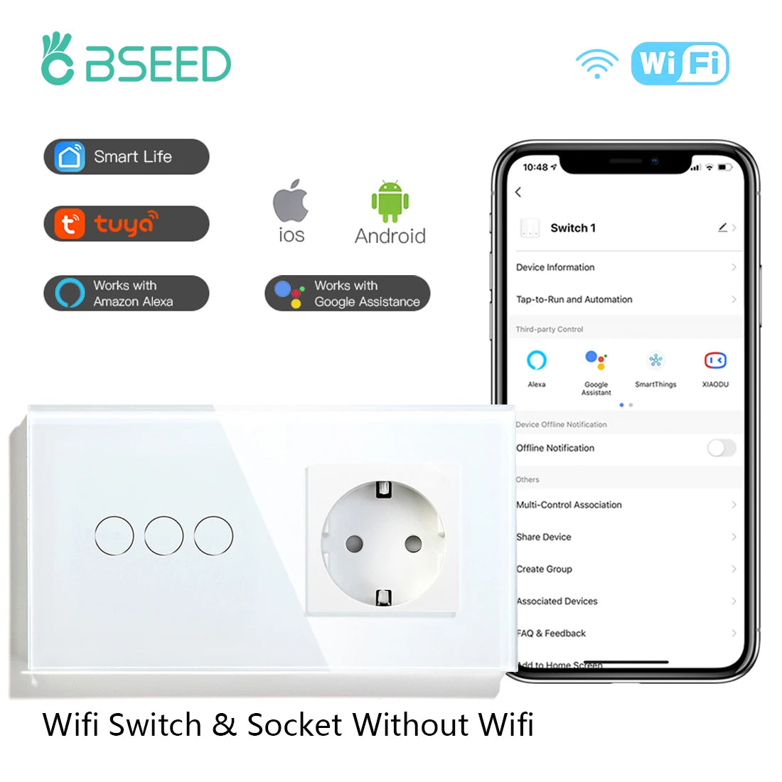 BSEED Wifi 1/2/3Gang Smart Touch Switches 1/2/3Way Wall Light Switches Tuya Smart Life App Control Plus Sockets EU Standard by MVEnergo