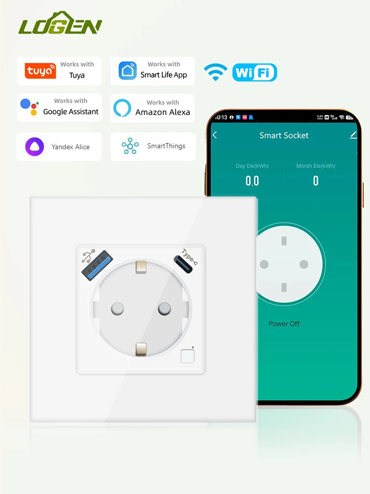 Wifi Smart Sockets Type-c USB Fast Charging Timing Function EU Socket Work With Tuya  Alice Alexa 220V Wall Socket