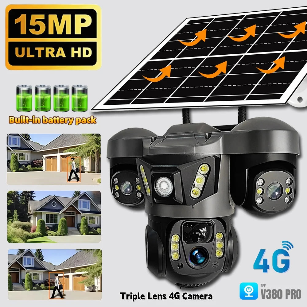15MP 10X Zoom Triple Lens 4G Solar Camera Outdoor Triple Screen CCTV PIR Motion Detection Security Surveillance V380 Pro Camera by MVEnergo