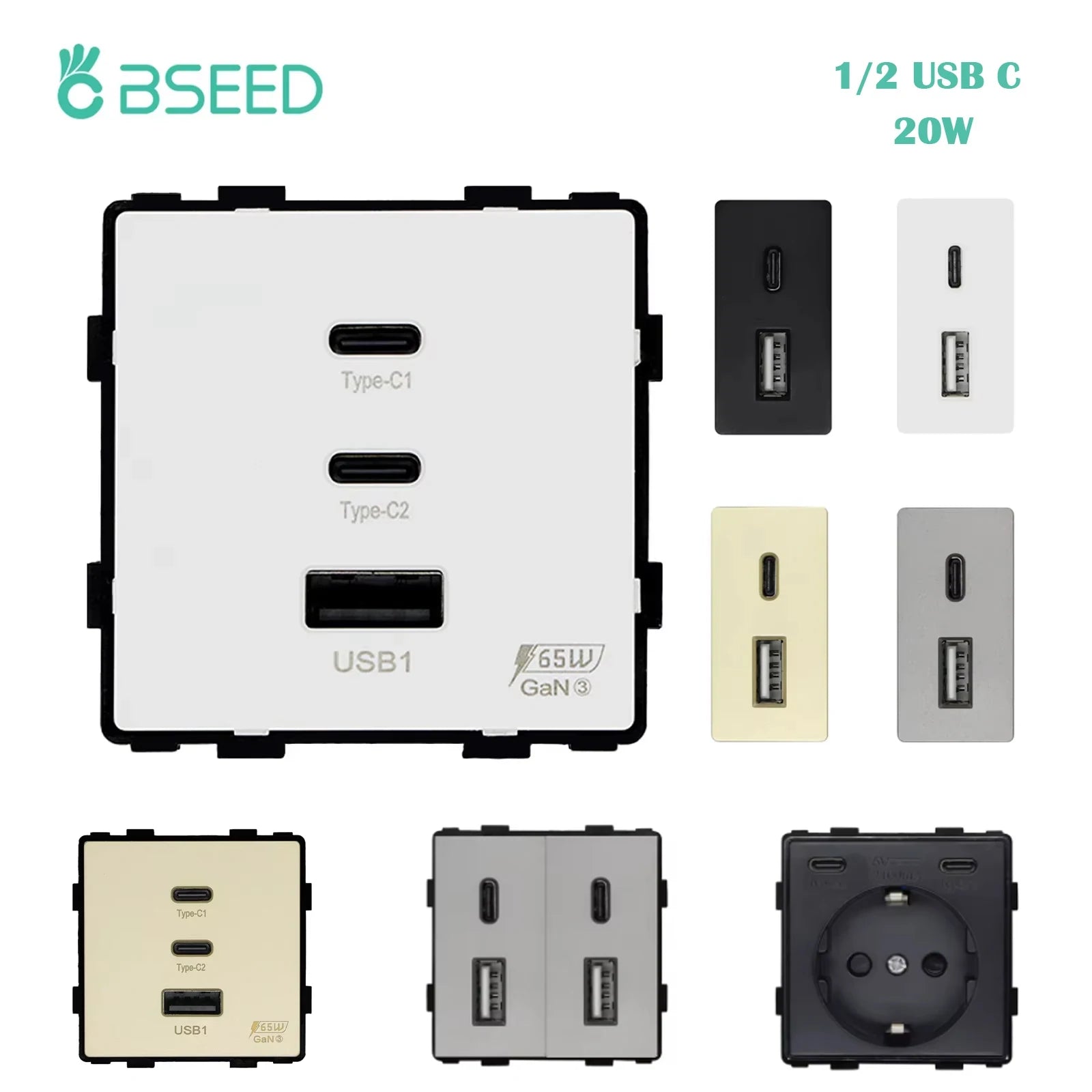 BSEED 65W PD Fast Charge Module Quick Charge Socket Part 1/2 USB Type-C 20W Wall Phone Charger Plug Support BSEED Frames by MVEnergo