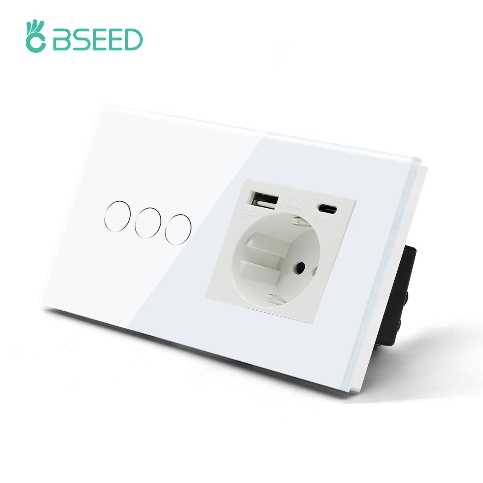 BSEED 1/2/3Gang Touch Light Switch 1Way Simple Sensor Switch Type-c USB Sockets EU Standard Glass Panel Blue Backlight 10A White by MVEnergo