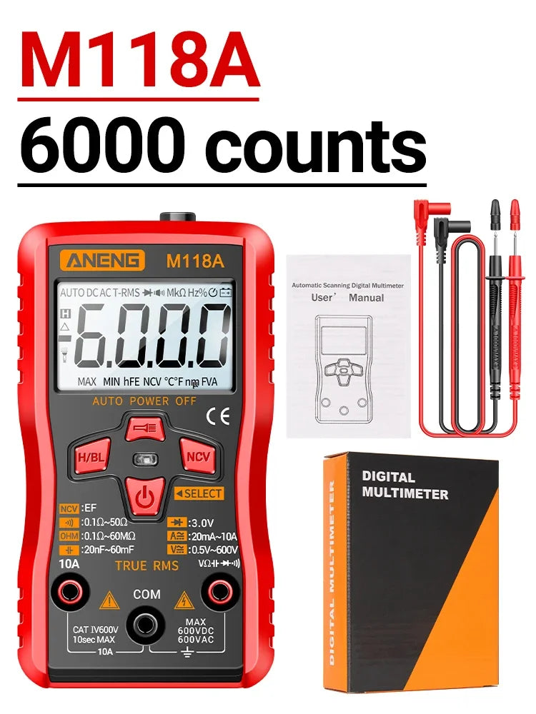 Digital Mini Multimeter 6000 Counts ANENG Auto Mmultimetro DC/AC Voltage Tester Tranistor Meter NCV Data Hold Flashlight M118A by MVEnergo