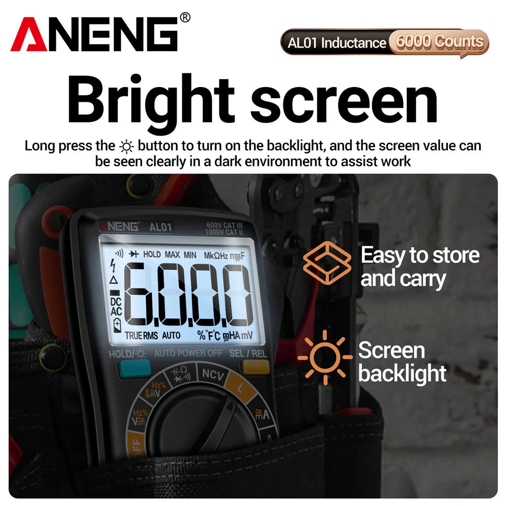 Coil Inductance Multimeter Duty Cycle Hz Tester ANENG AL01 6000 Counts NCV Temperature Meter True-RMS Voltage Pro Tester Tools by MVEnergo
