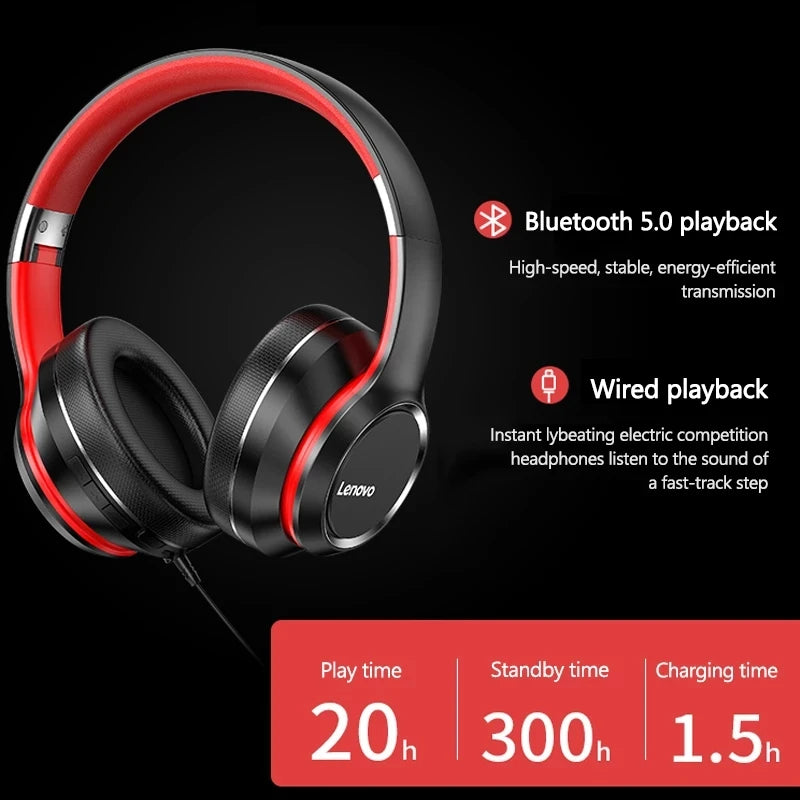 Lenovo HD200 Bluetooth Earphones Over-ear Foldable Computer Wireless Headphones Noise Cancellation HIFI Stereo Gaming Headset by MVEnergo