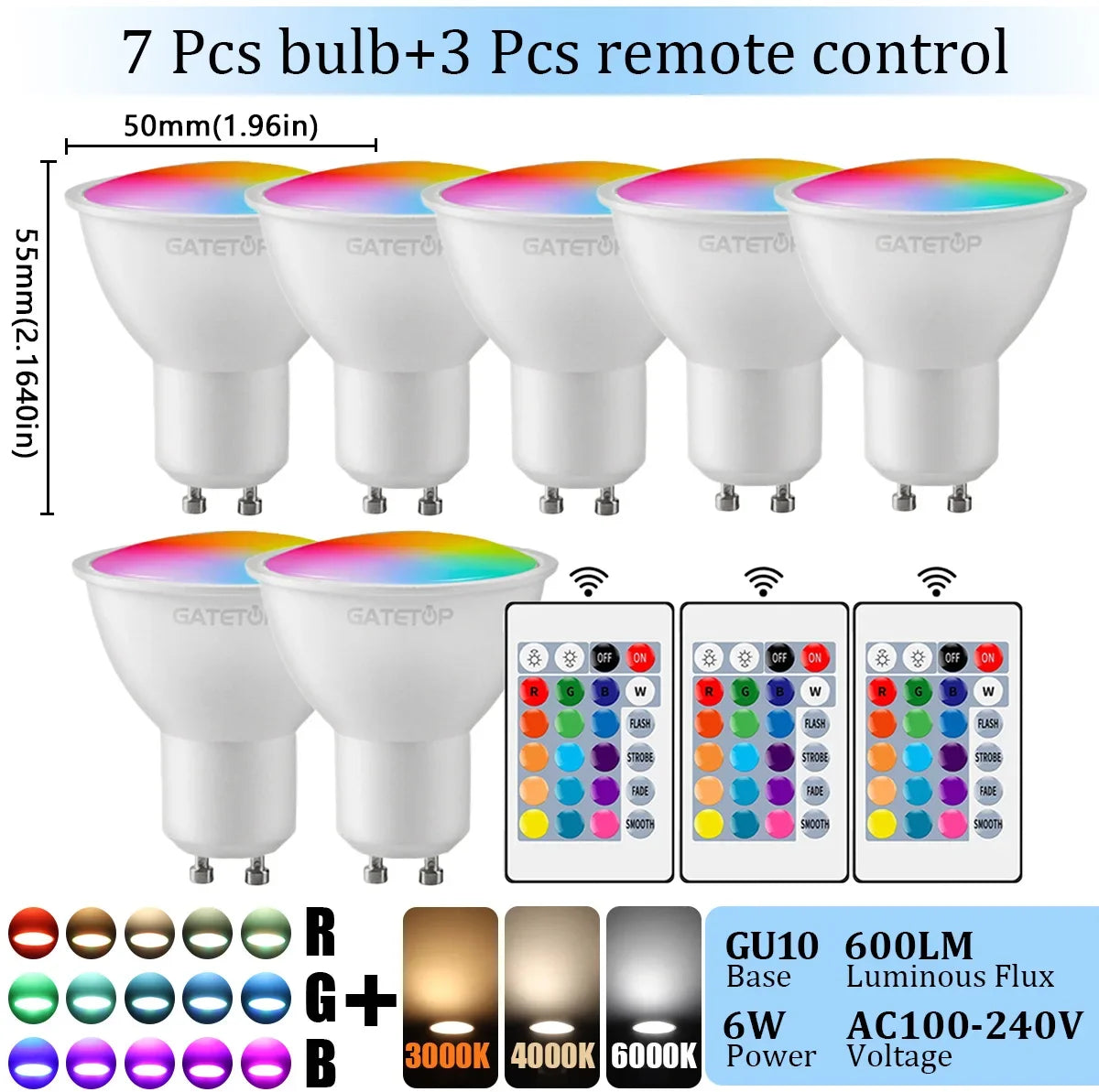1-10PCS RGB GU10 LED Spotlight Bulb 24 Key Remote Control Dimmable 6W AC220V 110V Colorful Change for Bedroom Living Room Lamp