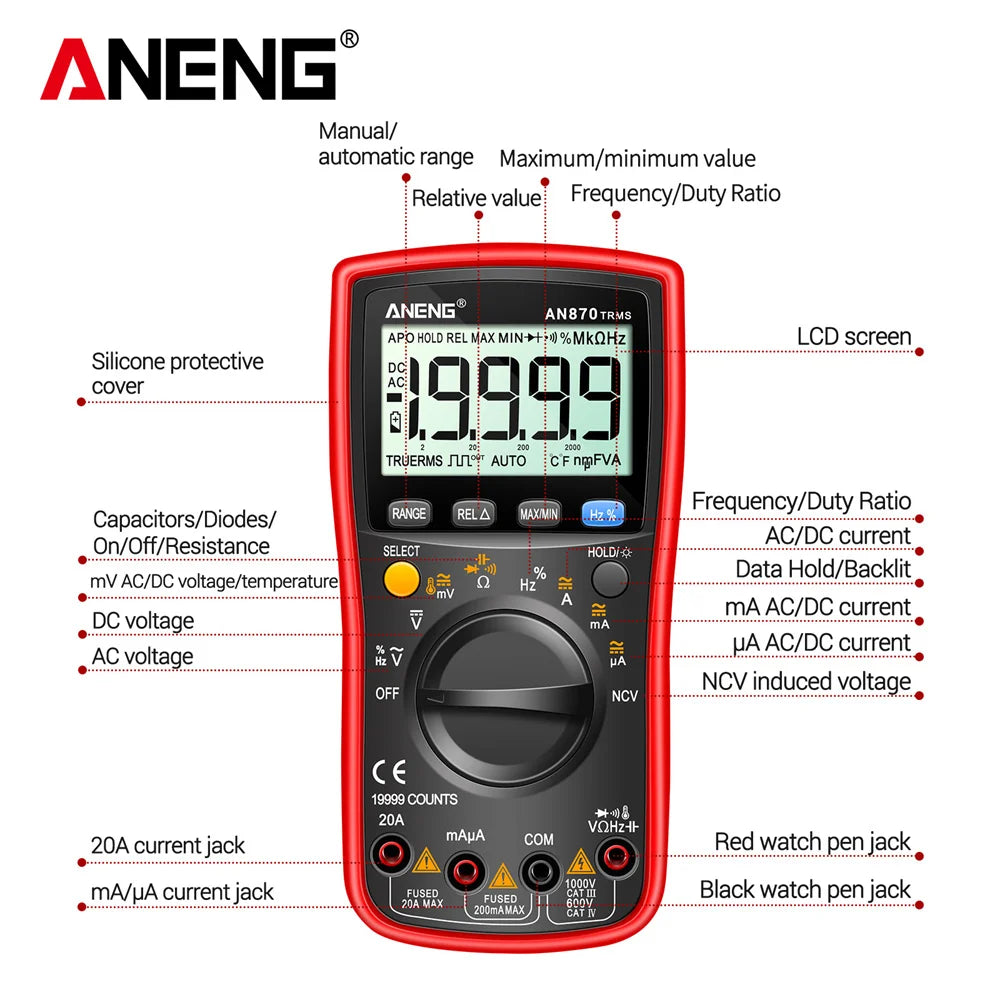 ANENG AN870 Profesional Digital Multimeter 19999 Counts True Rms AC/DC Voltage Current NCV Transistor Accurate Auto Range Tester by MVEnergo