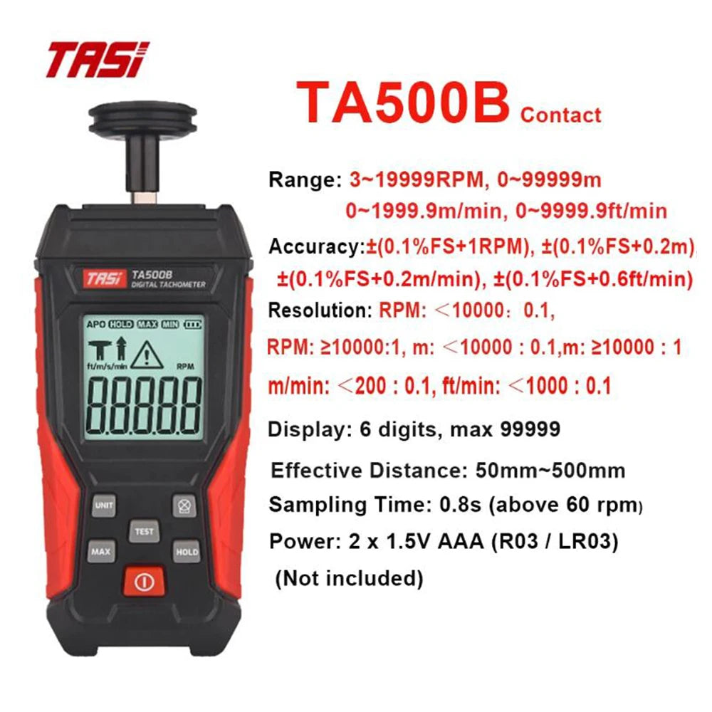 TASI TA500A/B/C Tachometer Contact&Non-contact Digital Tachometer Laser Photo Tachometer High Accuracy Max 100000 RPM Tachometer