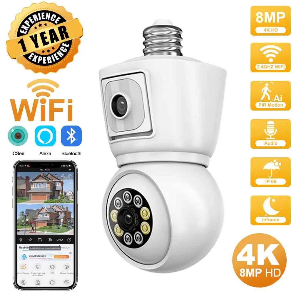 ICSEE 4K 8MP E27 Bulb WiFi Camera Dual Lens Dual Screen Auto Tracking Two Way Audio Color Night Vision Outdoor Security Camera by MVEnergo