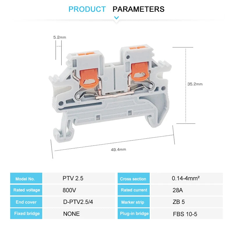 10Pcs PTV 2.5 DIN Rail Terminal Block Side-Entry Push-in Connection 2.5mm² 12 AWG Cable Wiring Electrical Wire Connector PTV2.5
