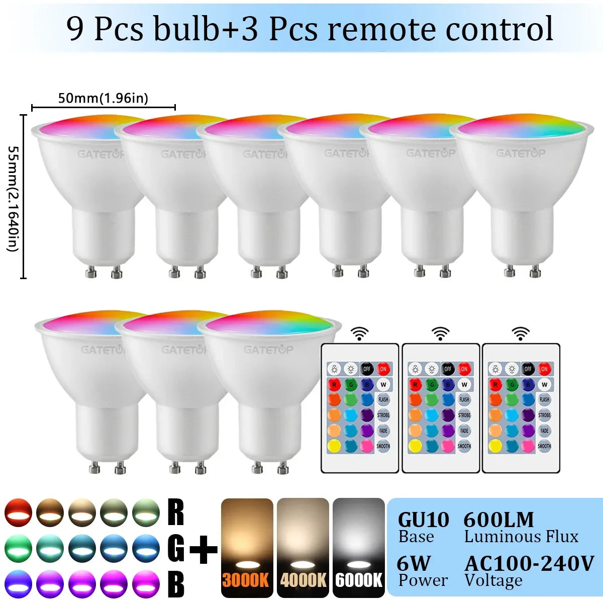 1-10PCS RGB GU10 LED Spotlight Bulb 24 Key Remote Control Dimmable 6W AC220V 110V Colorful Change for Bedroom Living Room Lamp