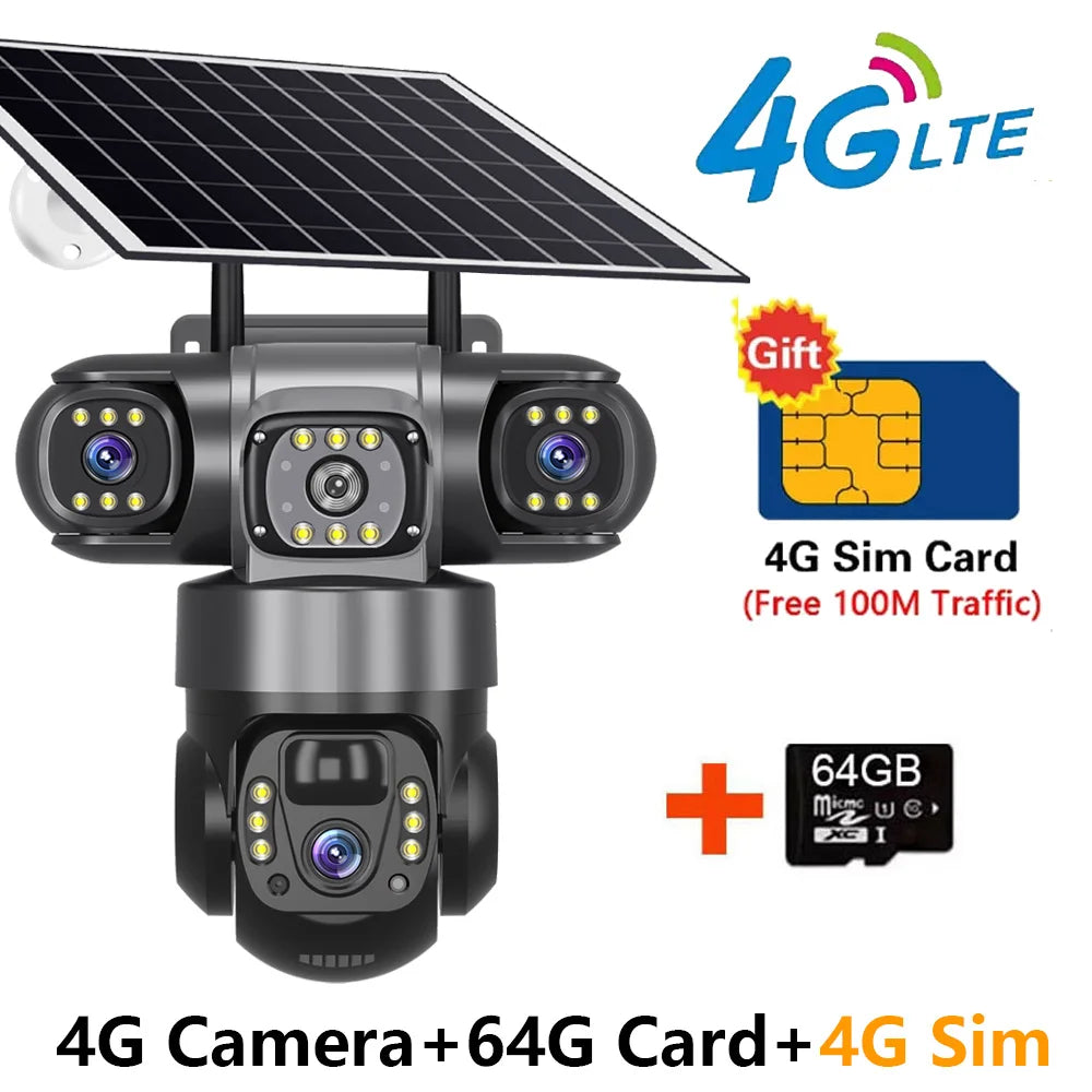 Solar Camera 4G Sim Outdoor 3 Lens 3 Screen 10X Zoom PIR Human Detect Cameras Waterproof Night Vision CCTV Security Protection by MVEnergo