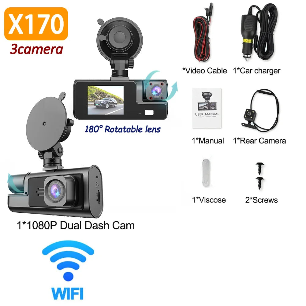 3Camera Dash Cam For Car Camera 1080P Video Recorder WIFI Car DVR 2lens Front Rear View Camera Night Vision Car Accessories by MVEnergo